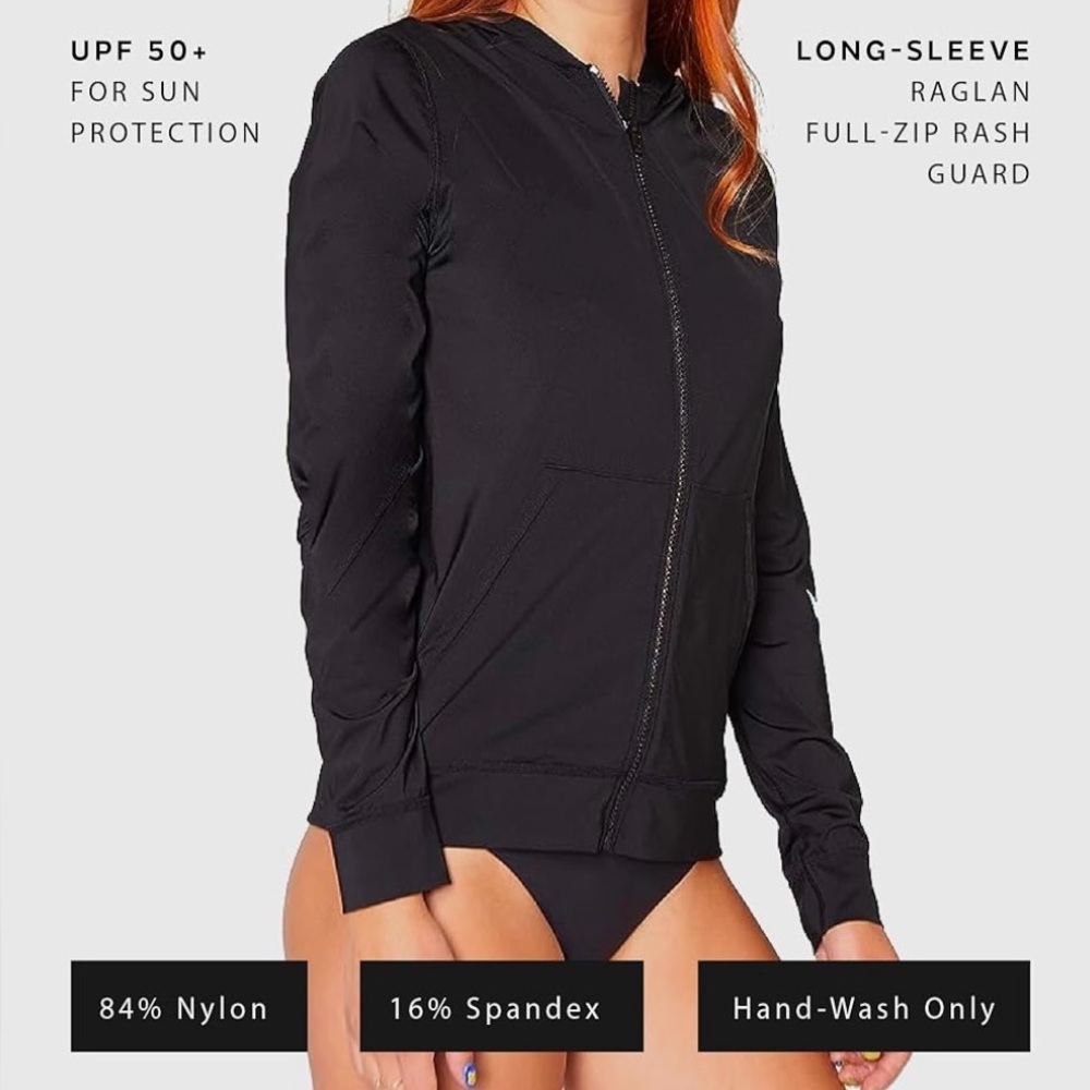 Hurley Women’s Full Zip Hooded Rash Guard – Black (UPF 50+) - Picture 5 of 7